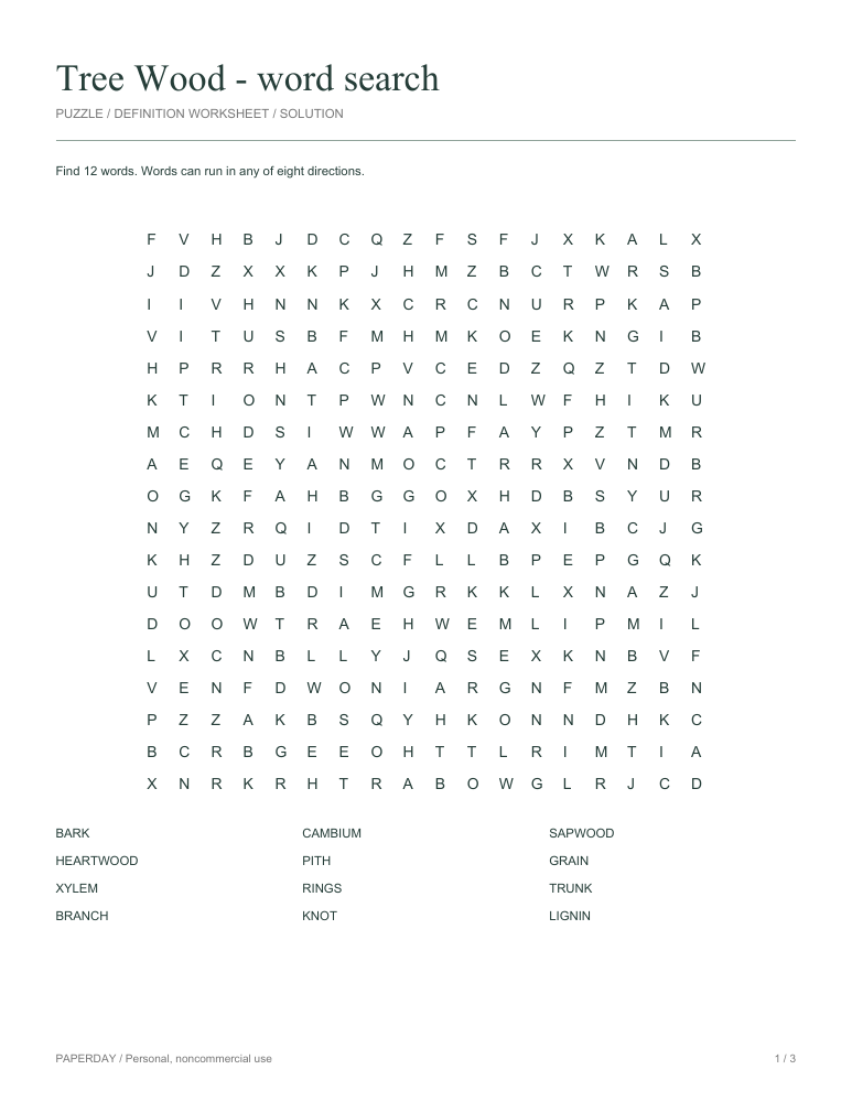 Preview of Tree Wood Word Search