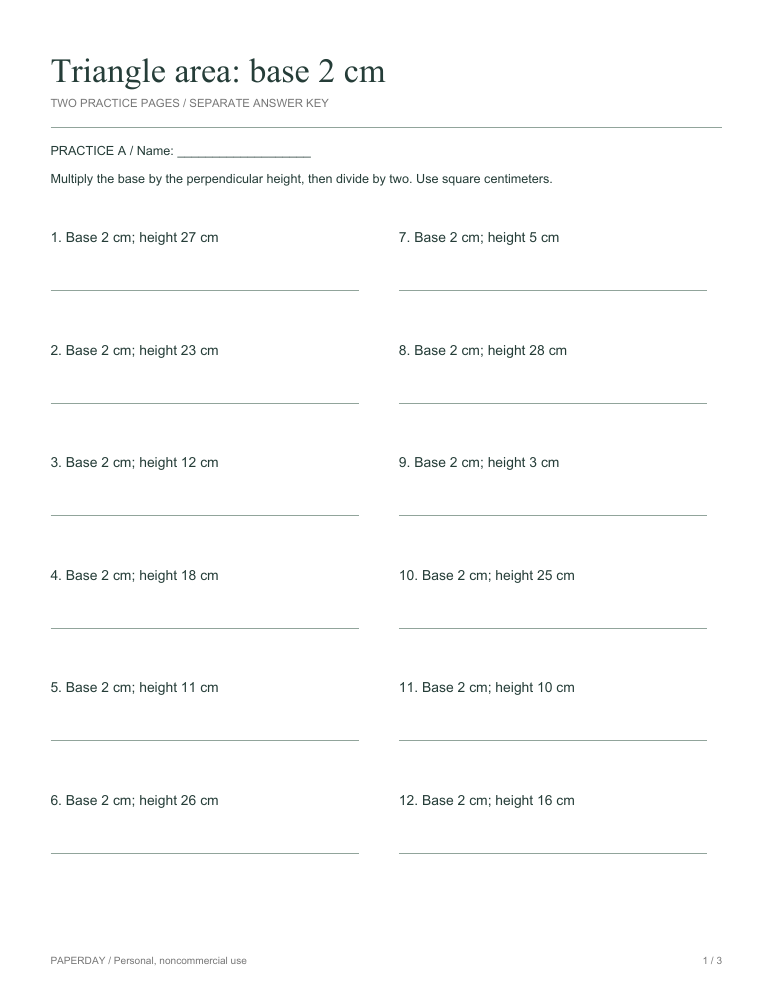 Preview of Triangle area: base 2 cm - practice and answers