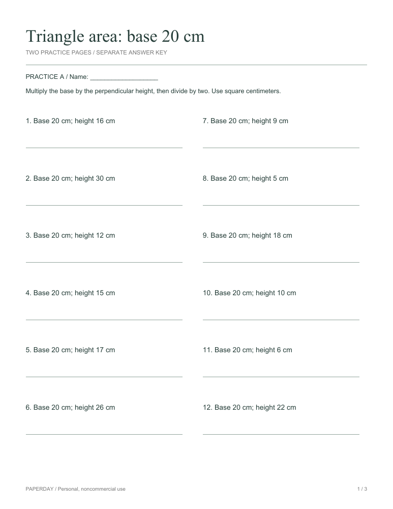 Preview of Triangle area: base 20 cm - practice and answers