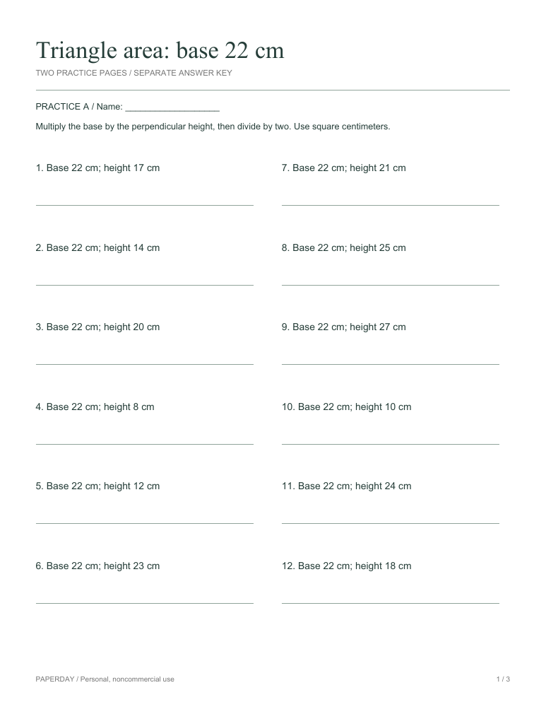 Preview of Triangle area: base 22 cm - practice and answers