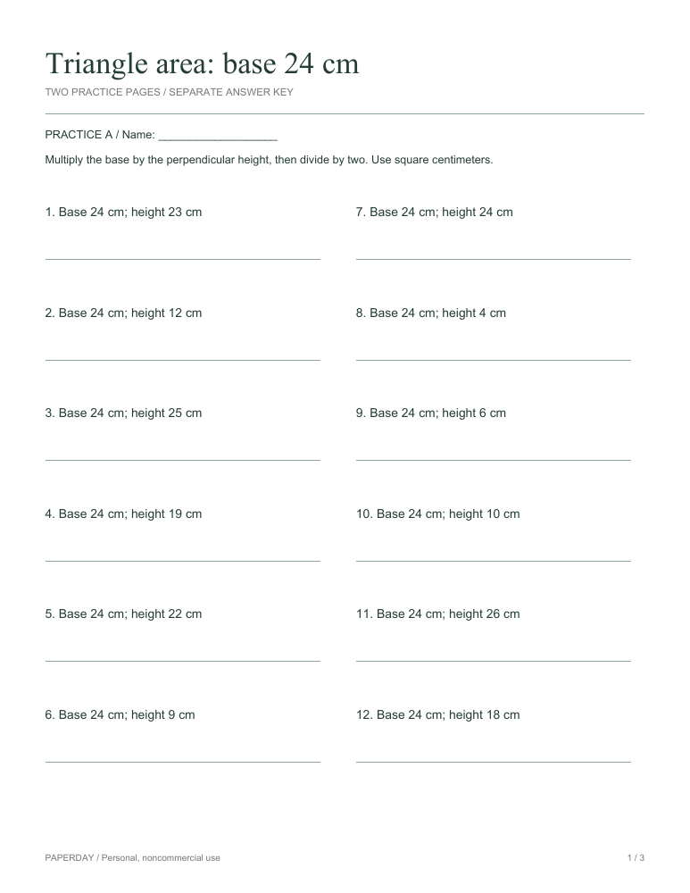 Preview of Triangle area: base 24 cm - practice and answers
