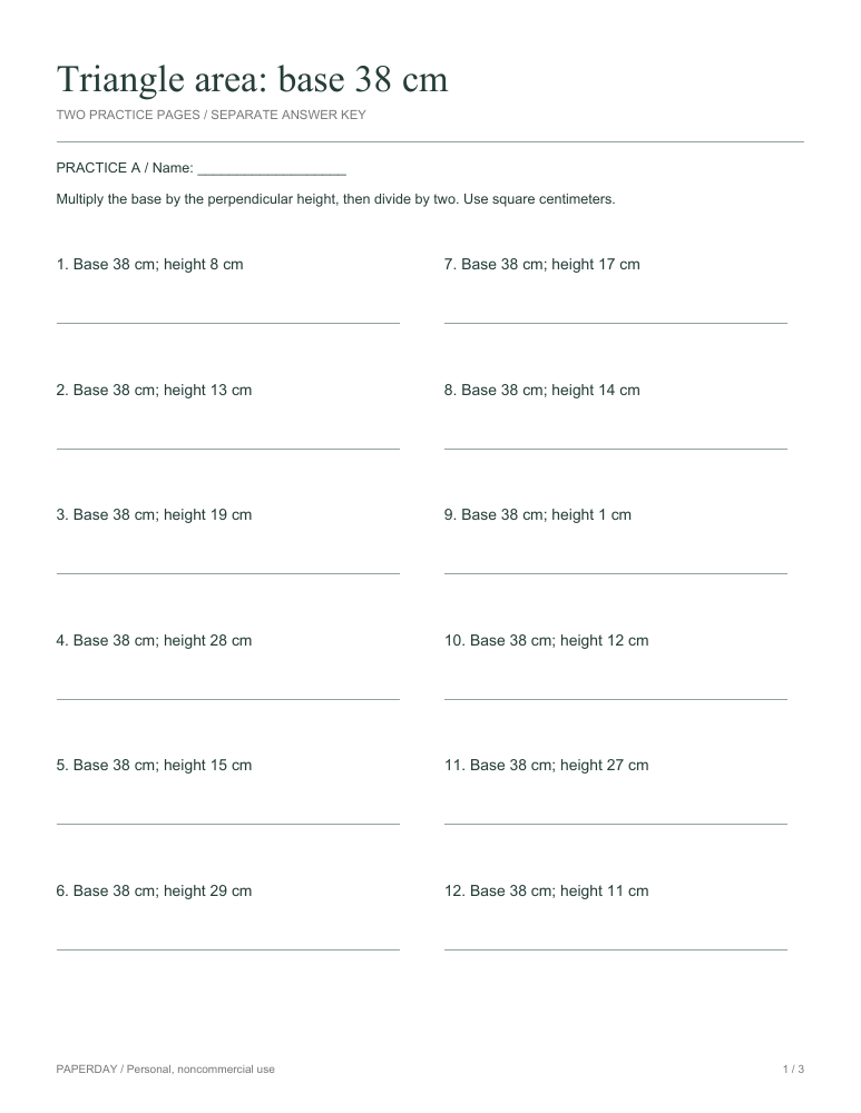 Preview of Triangle area: base 38 cm - practice and answers