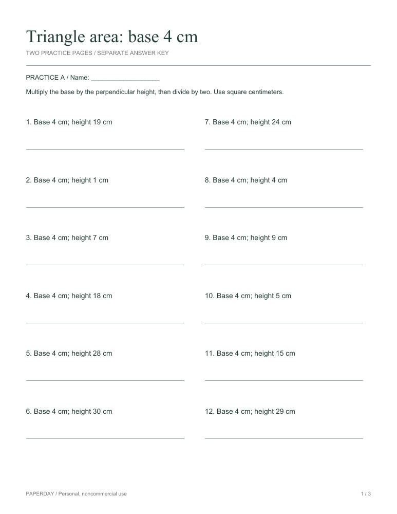 Page one of Triangle area: base 4 cm - practice and answers