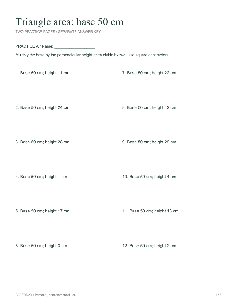 Preview of Triangle area: base 50 cm - practice and answers