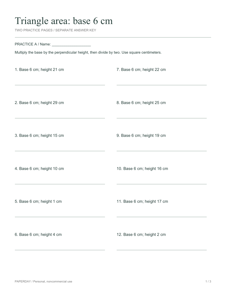 Preview of Triangle area: base 6 cm - practice and answers