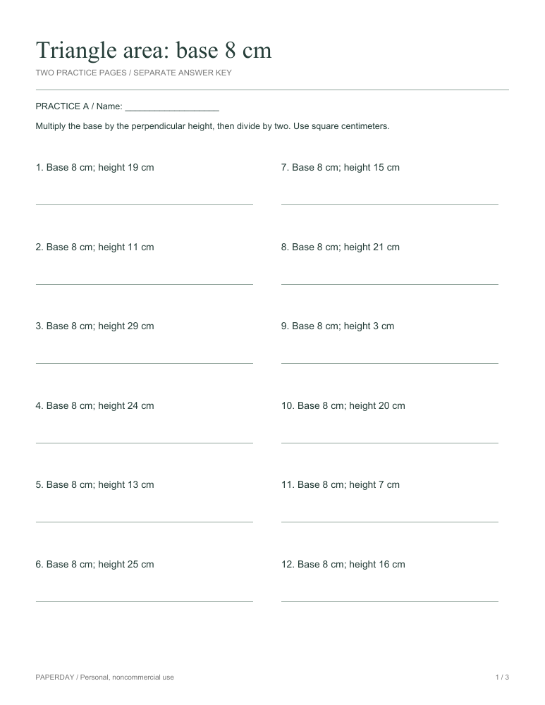 Preview of Triangle area: base 8 cm - practice and answers