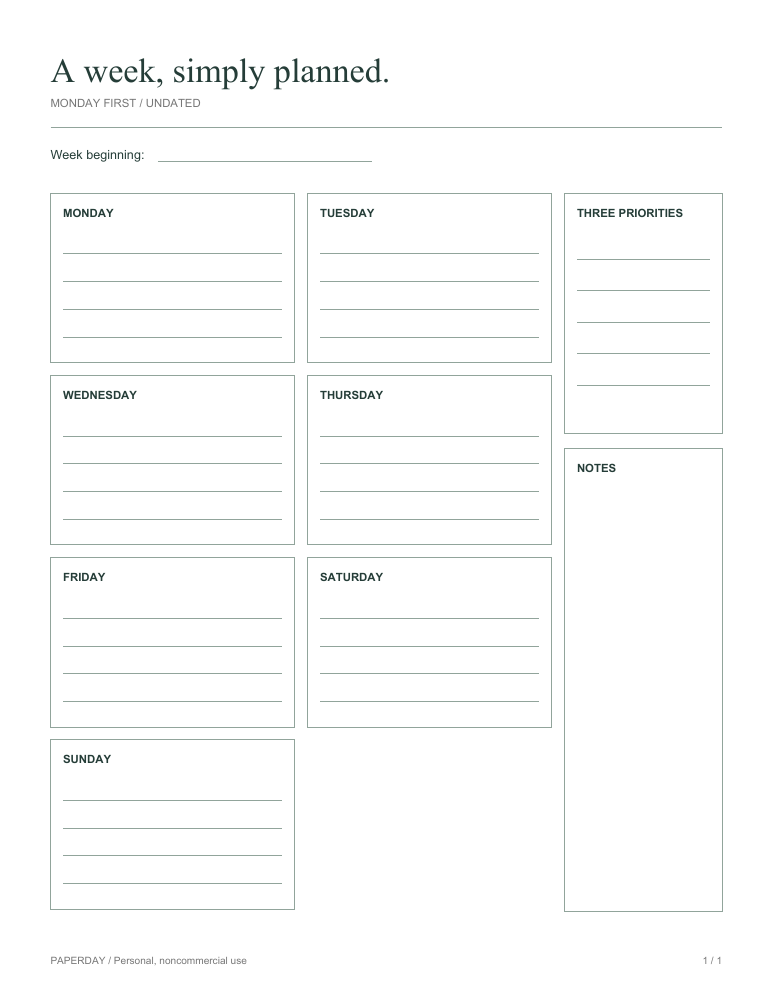 An actual preview of our undated weekly planner