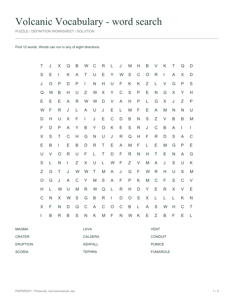 Preview of Volcanic Vocabulary Word Search