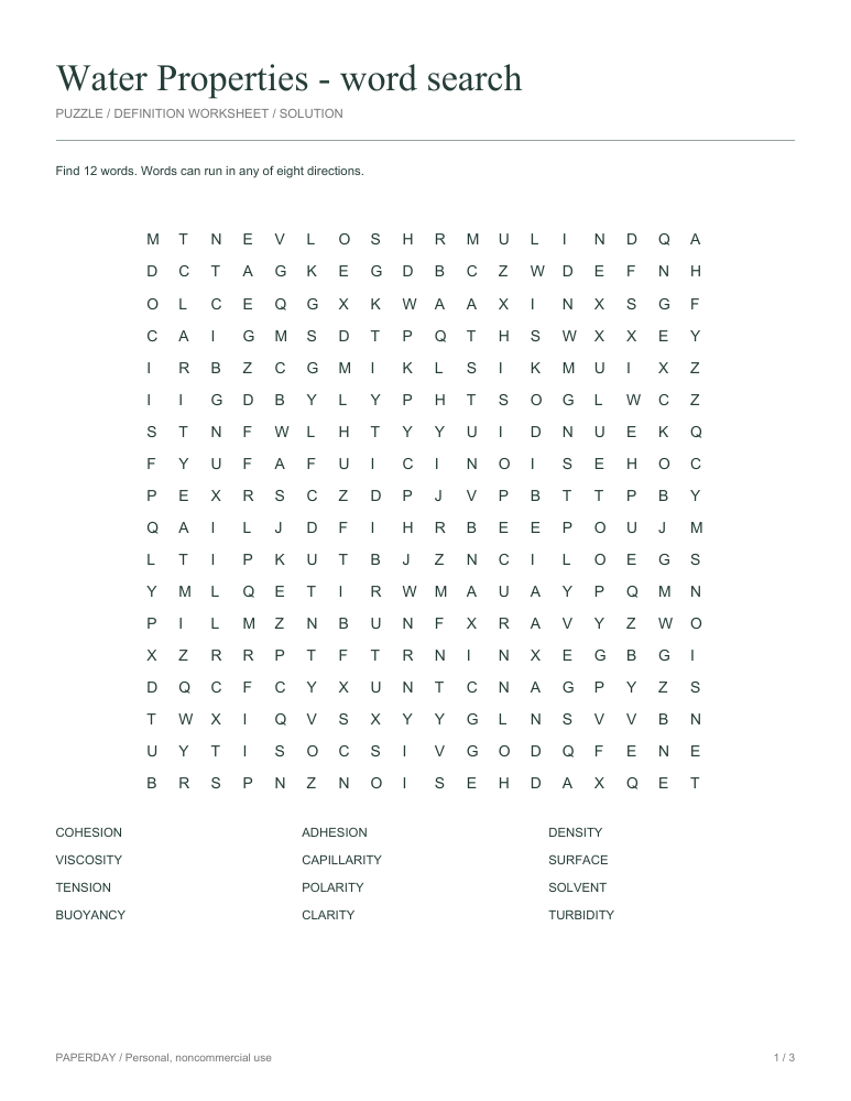 Preview of Water Properties Word Search