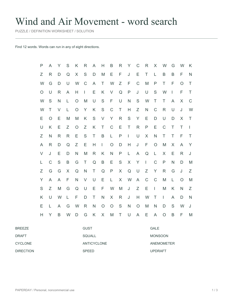Preview of Wind and Air Movement Word Search