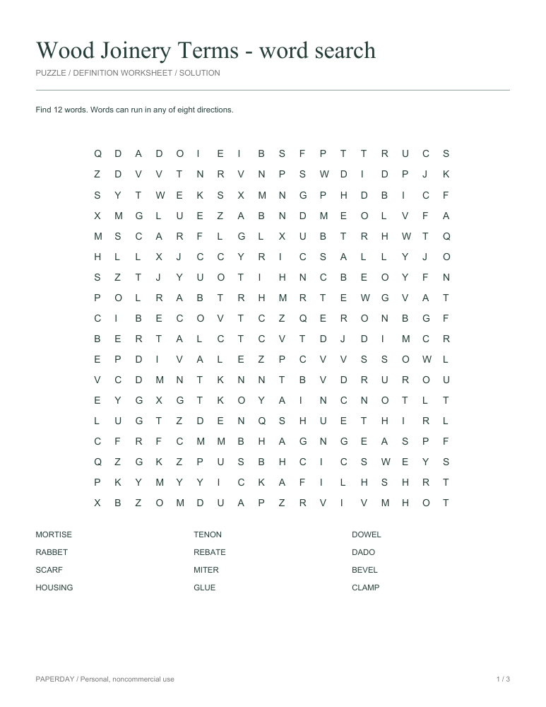 Preview of Wood Joinery Terms Word Search