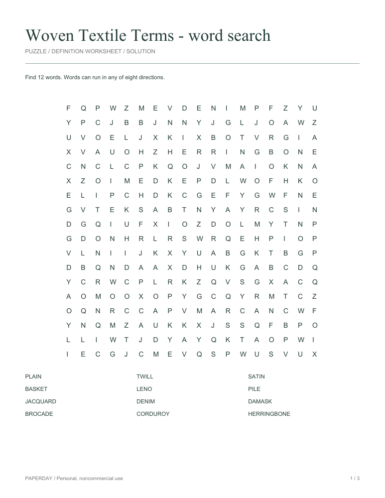 Preview of Woven Textile Terms Word Search