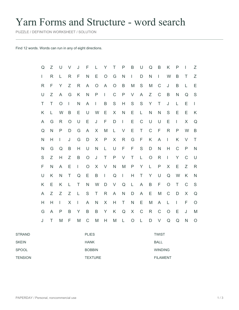 Preview of Yarn Forms and Structure Word Search